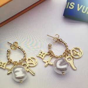 Louis Vuitton Gold Charm Hoop Earrings with Pearl Drops